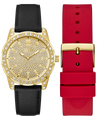Two watches with gold face and black leather strap, and red silicone strap with gold buckle on a white background.