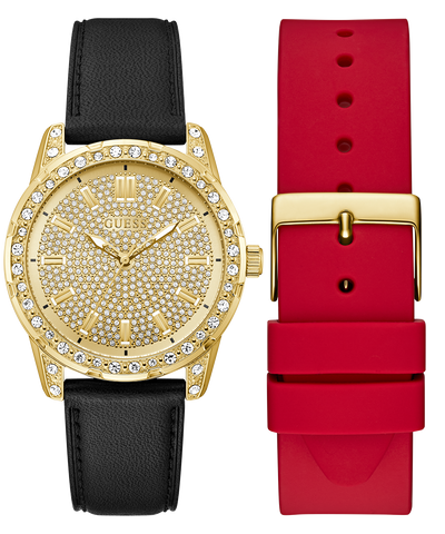 Two watches with gold face and black leather strap, and red silicone strap with gold buckle on a white background.