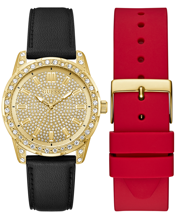 Two watches with gold face and black leather strap, and red silicone strap with gold buckle on a white background.