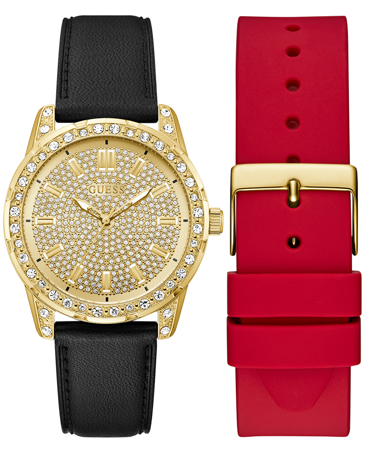 Two watches with gold face and black leather strap, and red silicone strap with gold buckle on a white background.