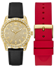Two watches with gold face and black leather strap, and red silicone strap with gold buckle on a white background.