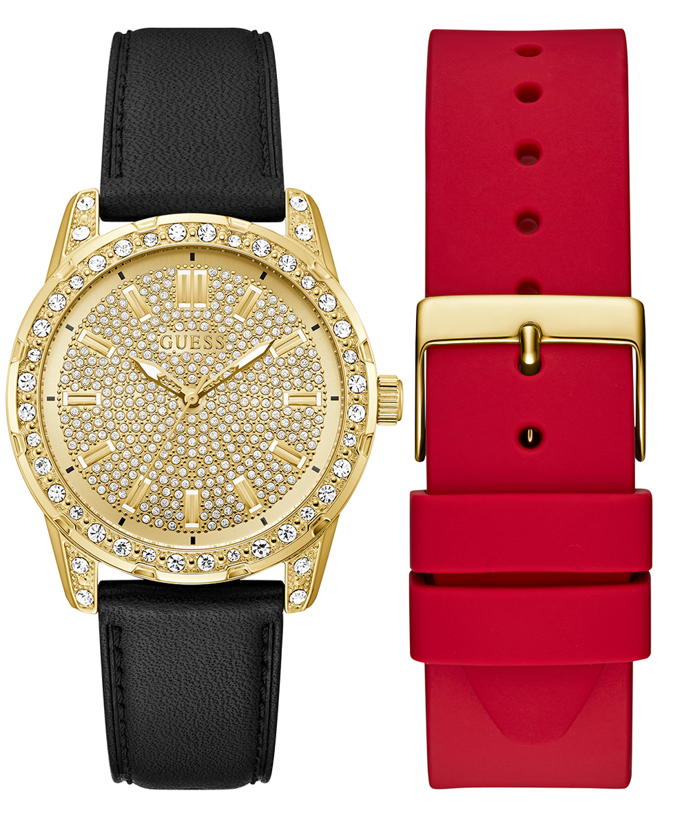 Two watches with gold face and black leather strap, and red silicone strap with gold buckle on a white background.