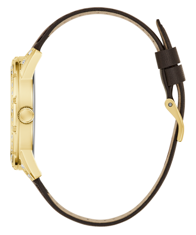 Gold-framed watch with black strap on a white background