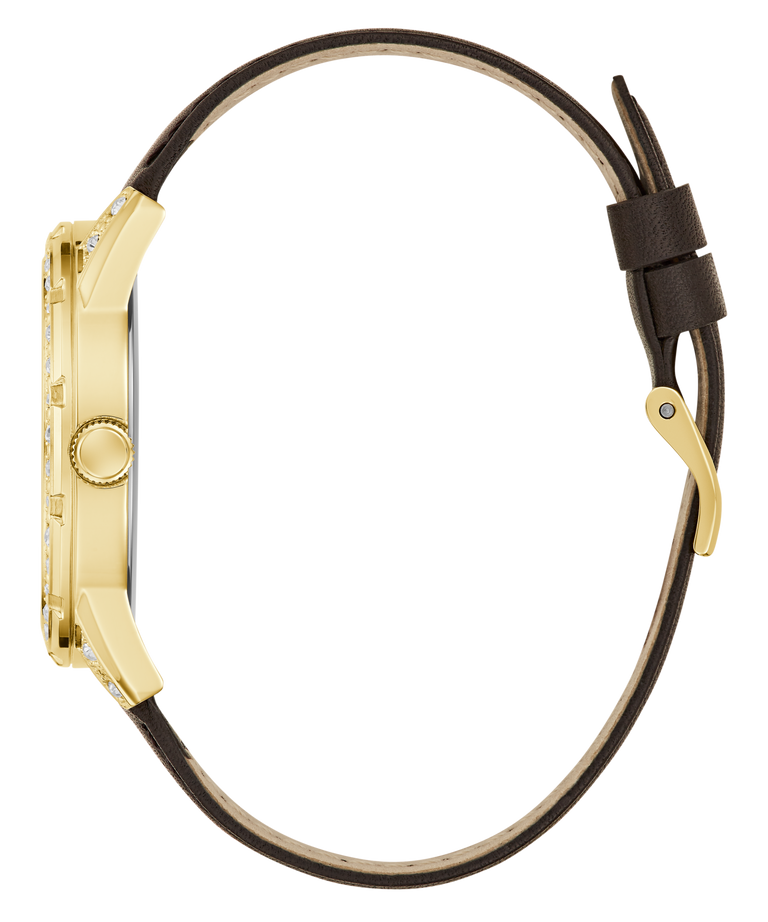 Gold-framed watch with black strap on a white background