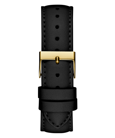 Black leather watch strap with a gold buckle on a white background