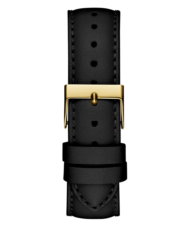 Black leather watch strap with a gold buckle on a white background
