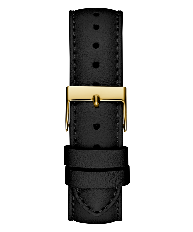 Black leather watch strap with a gold buckle on a white background