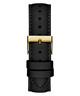 Black leather watch strap with a gold buckle on a white background