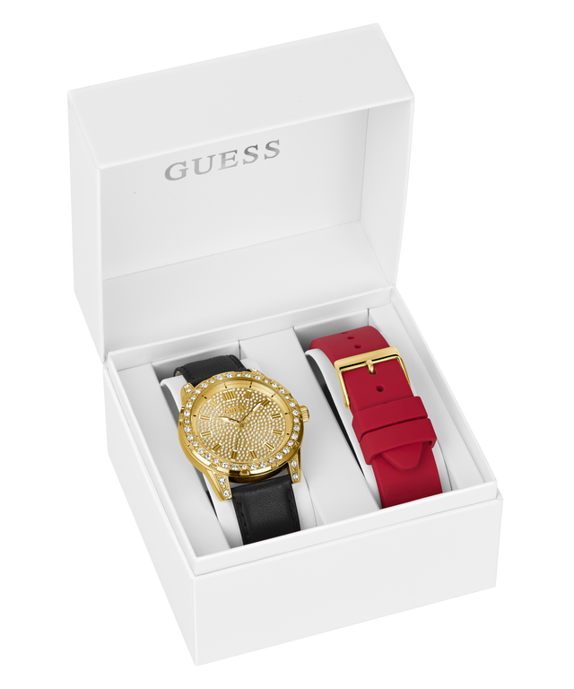 Guess watch set with gold face, black strap, and red strap in a white box