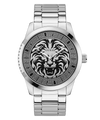 Silver watch with lion emblem on a white background