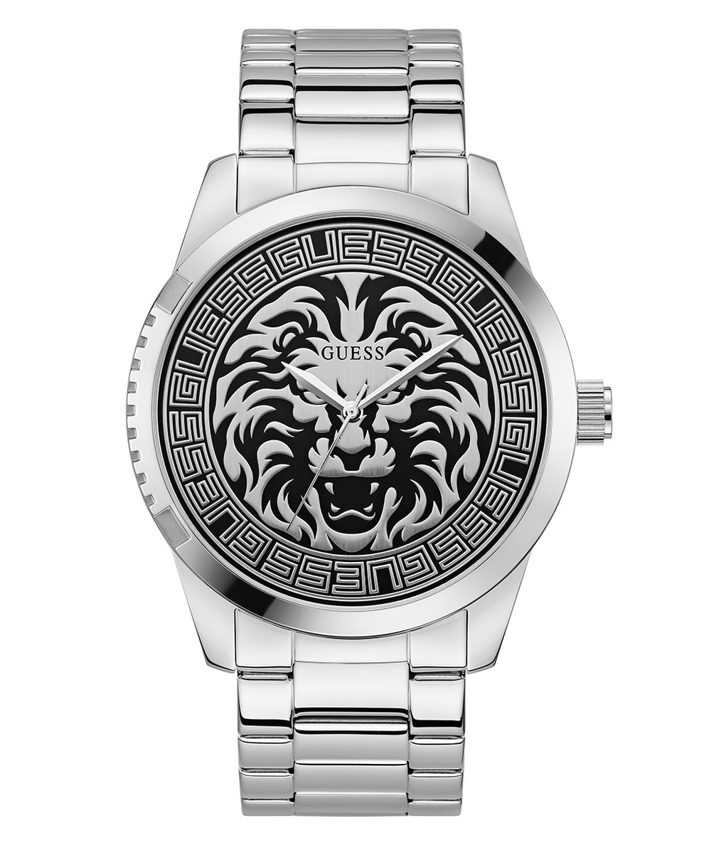 Silver watch with lion emblem on a white background