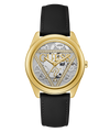 Gold watch with black strap and visible brand logo on a white background