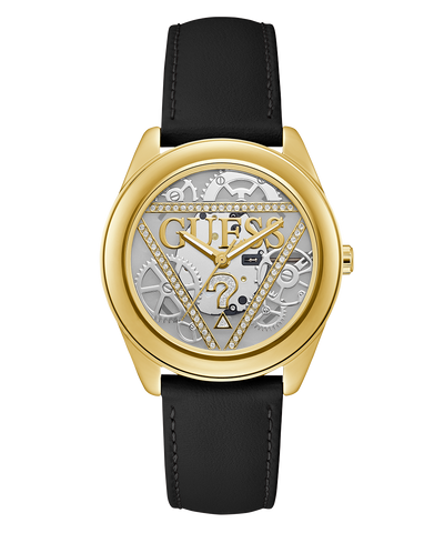 Gold watch with black strap and visible brand logo on a white background