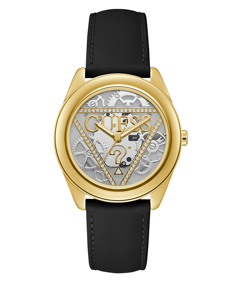 Gold watch with black strap and visible brand logo on a white background