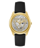 Gold watch with black strap and visible brand logo on a white background