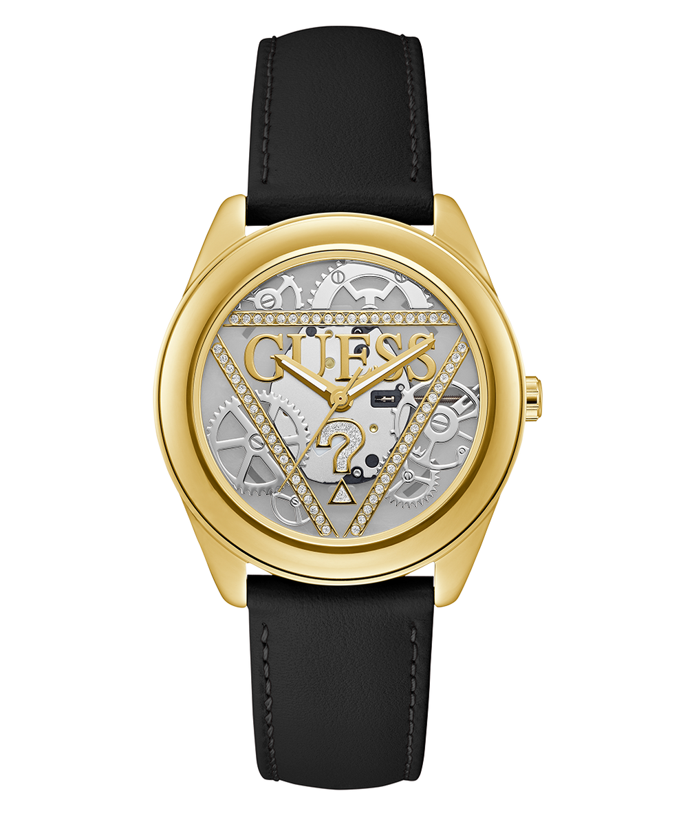 Gold watch with black strap and visible brand logo on a white background