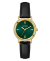 Guess watch with green face, gold case, and black leather strap on white background