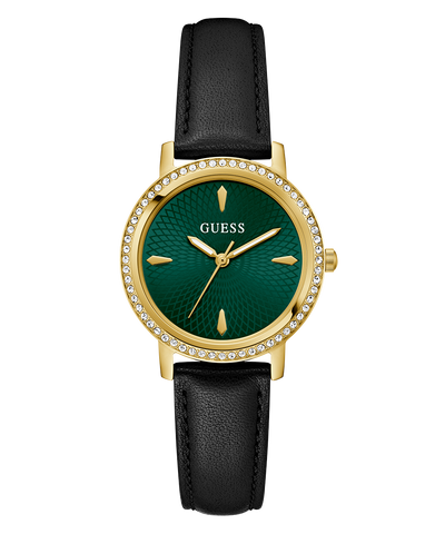 Guess watch with green face, gold case, and black leather strap on white background
