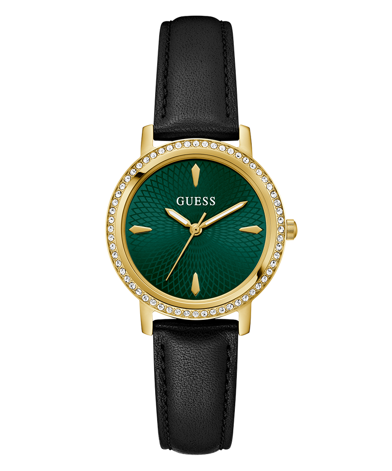 Guess watch with green face, gold case, and black leather strap on white background