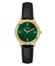 Guess watch with green face, gold case, and black leather strap on white background