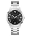 Silver watch with black dial featuring Roman numerals on a white background