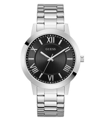 Silver watch with black dial featuring Roman numerals on a white background