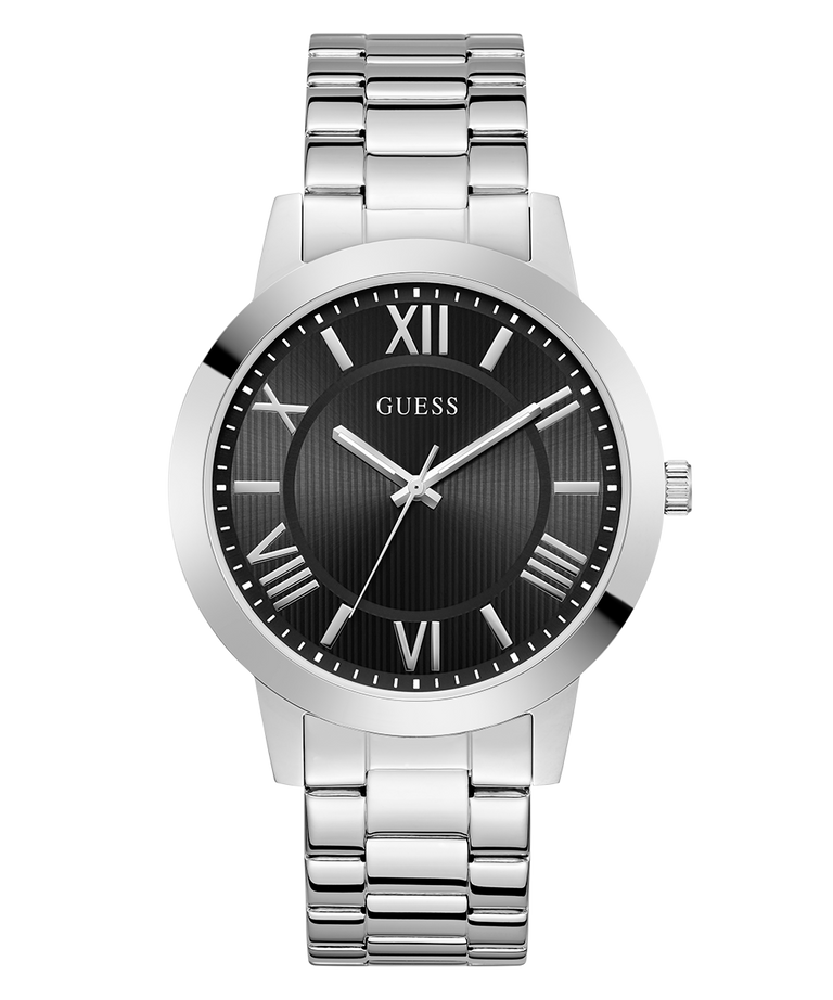 Silver watch with black dial featuring Roman numerals on a white background