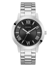 Silver watch with black dial featuring Roman numerals on a white background