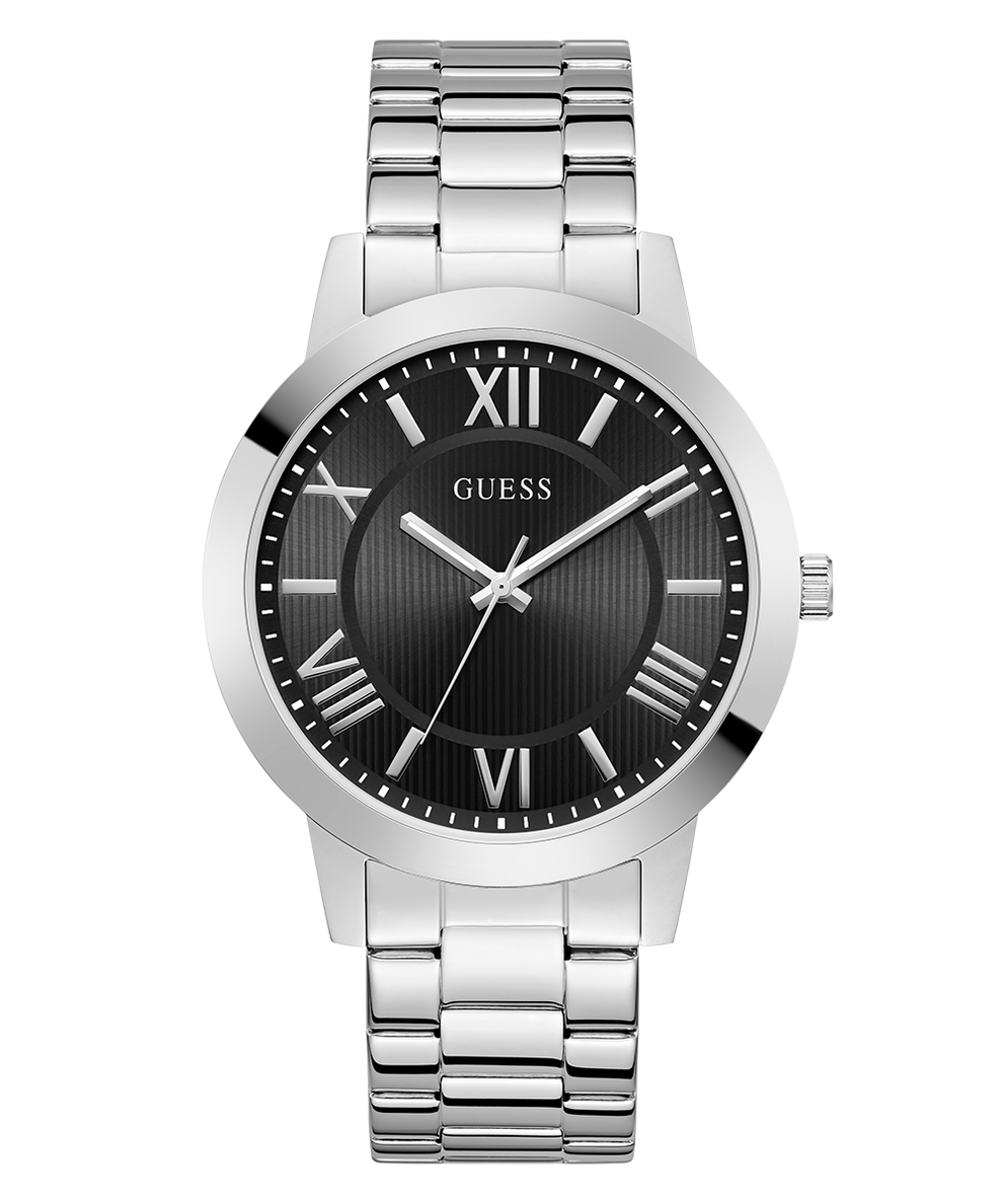 Silver watch with black dial featuring Roman numerals on a white background
