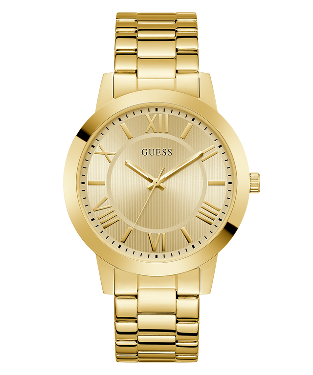 Gold watch with Guess logo on a white background
