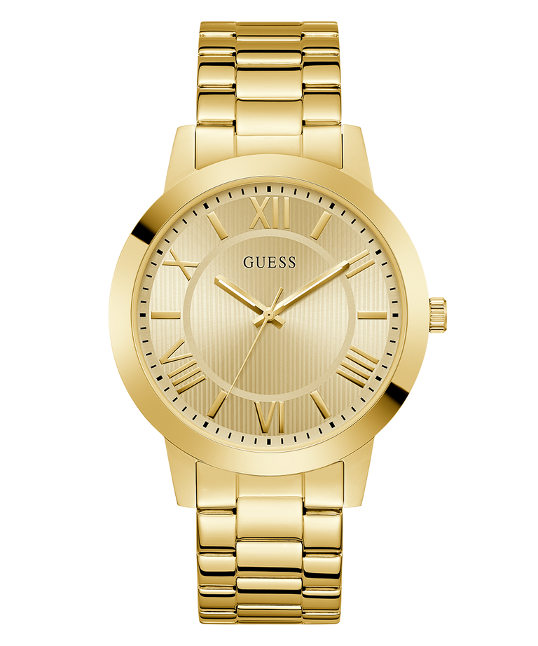 Gold watch with Guess logo on a white background