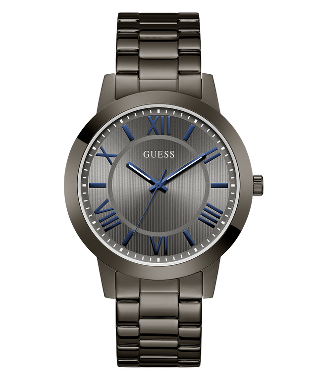 Guess watch with metallic band and blue hour markers on a white background