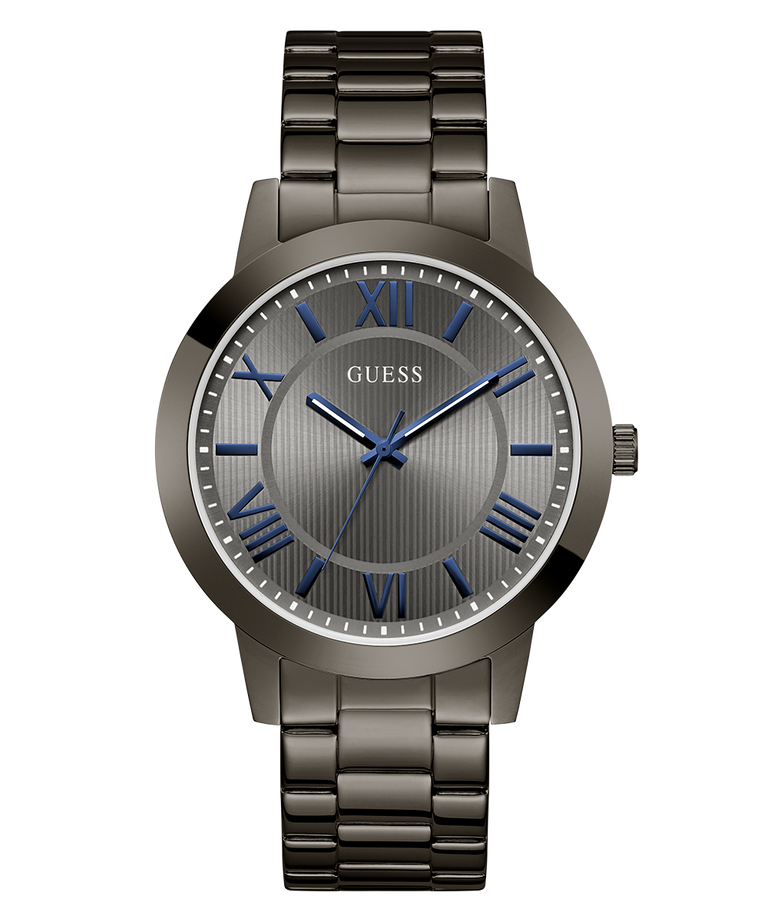 Guess watch with metallic band and blue hour markers on a white background