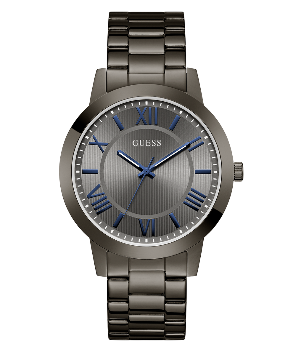 Guess watch with metallic band and blue hour markers on a white background