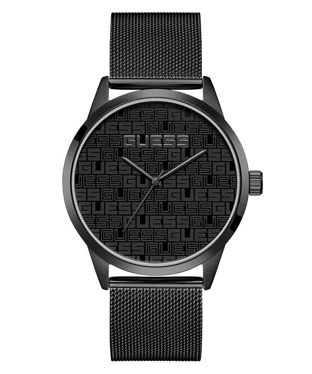 Black watch with mesh band on a white background
