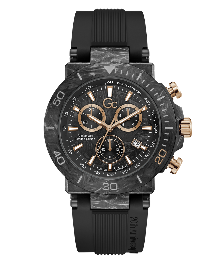 A luxury chronograph watch with a black and gray marbled ceramic case, black rubber strap, and rose gold-tone details including the dial, hands, bezel markers, and pushers. The watch is presented on a clean white background.