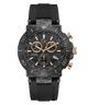 A luxury chronograph watch with a black and gray marbled ceramic case, black rubber strap, and rose gold-tone details including the dial, hands, bezel markers, and pushers. The watch is presented on a clean white background.