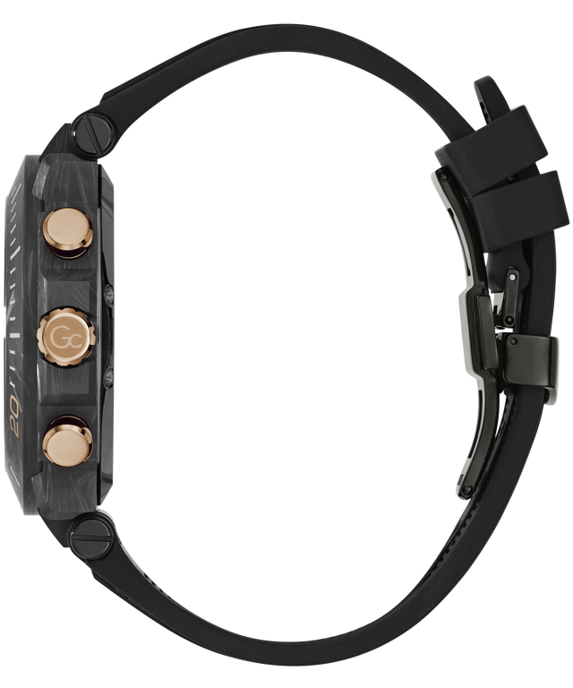 A close-up side view of a rugged smartwatch with a black textured case, three rose gold buttons, and a black silicone strap on a white background.