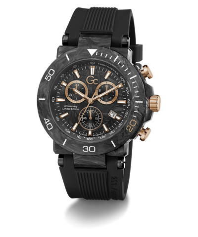 Gc One 20th Anniversary Limited Edition chronograph watch featuring a black carbon fiber bezel, a black dial with rose gold accents, and a black textured rubber strap, shown on a white background with a soft shadow.