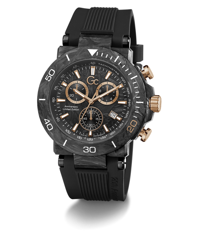 Gc One 20th Anniversary Limited Edition chronograph watch featuring a black carbon fiber bezel, a black dial with rose gold accents, and a black textured rubber strap, shown on a white background with a soft shadow.
