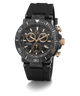 Gc One 20th Anniversary Limited Edition chronograph watch featuring a black carbon fiber bezel, a black dial with rose gold accents, and a black textured rubber strap, shown on a white background with a soft shadow.