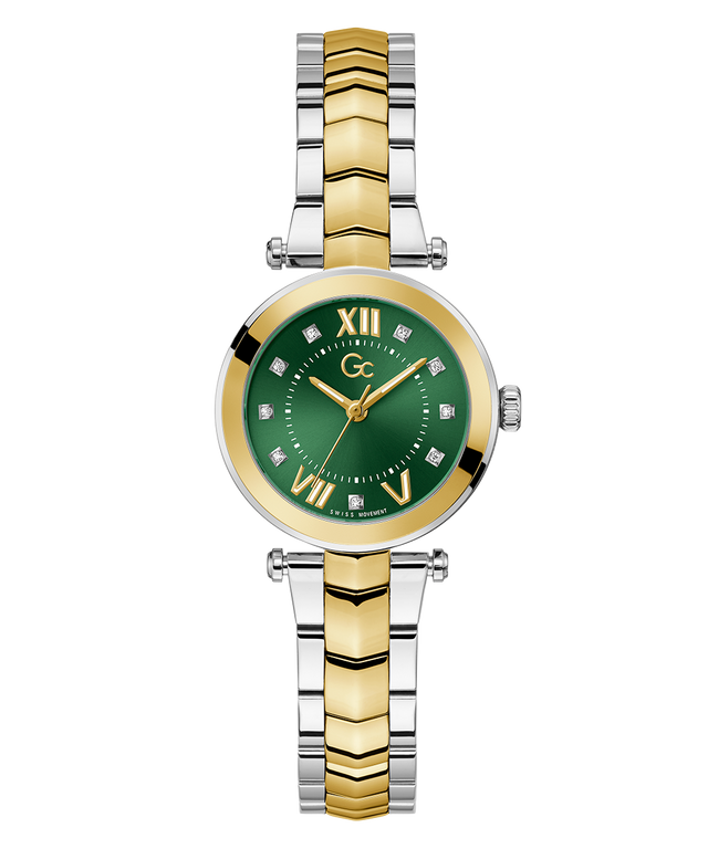 Gc Illusion Small Size Metal Two-tone watch with green face and gold accents on a white background