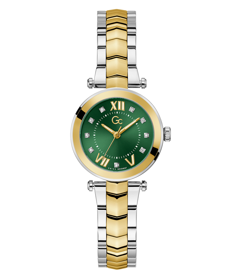 Gc Illusion Small Size Metal Two-tone watch with green face and gold accents on a white background