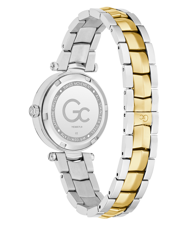 Caseback of Gc Illusion Small Size Metal Two-tone silver and gold watch on a white background