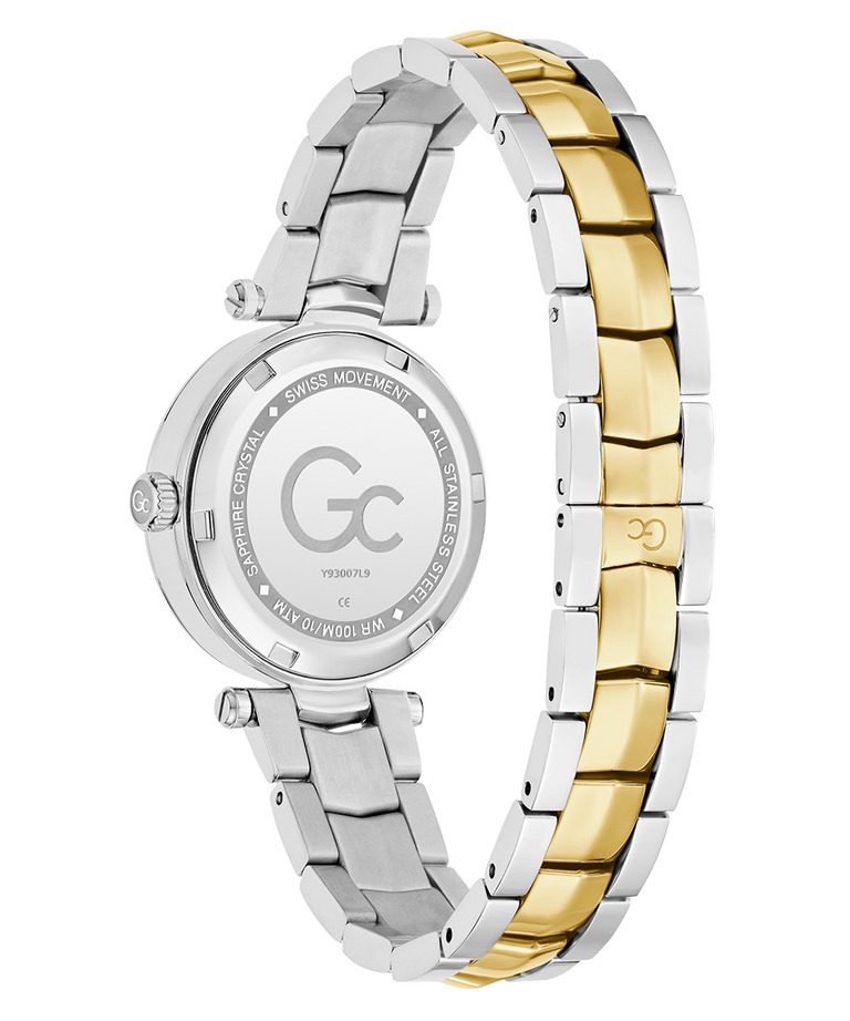 Caseback of Gc Illusion Small Size Metal Two-tone silver and gold watch on a white background