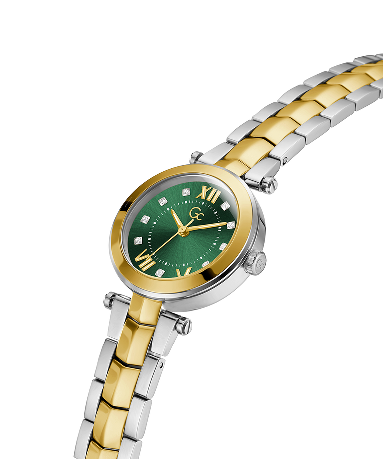 Two-tone silver and gold watch with a green dial on a white background lifestyle