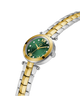 Two-tone silver and gold watch with a green dial on a white background lifestyle