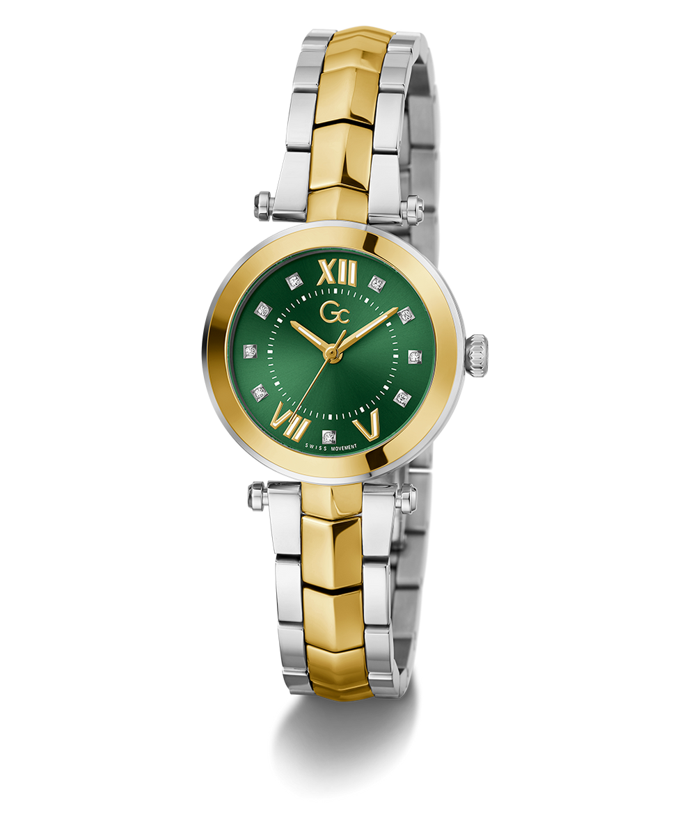 Gc Illusion Small Size Metal Two-tone gold and silver watch with a green dial on a white background