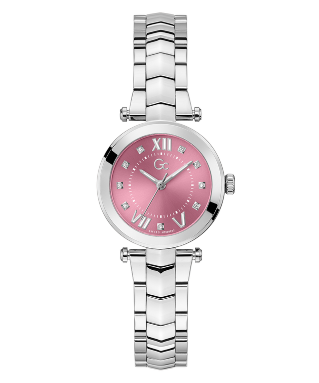 Silver Gc Illusion Small Size Metal watch with a pink face on a white background