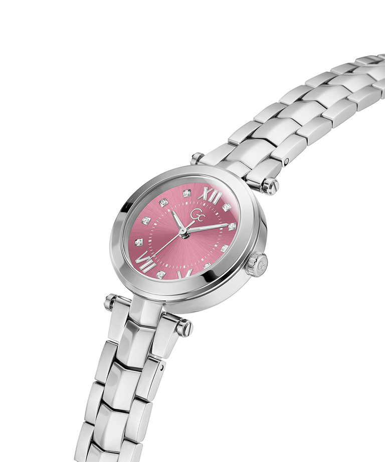 Gc Illusion Small Size Metal Silver watch with a pink face on a white background lifestyle